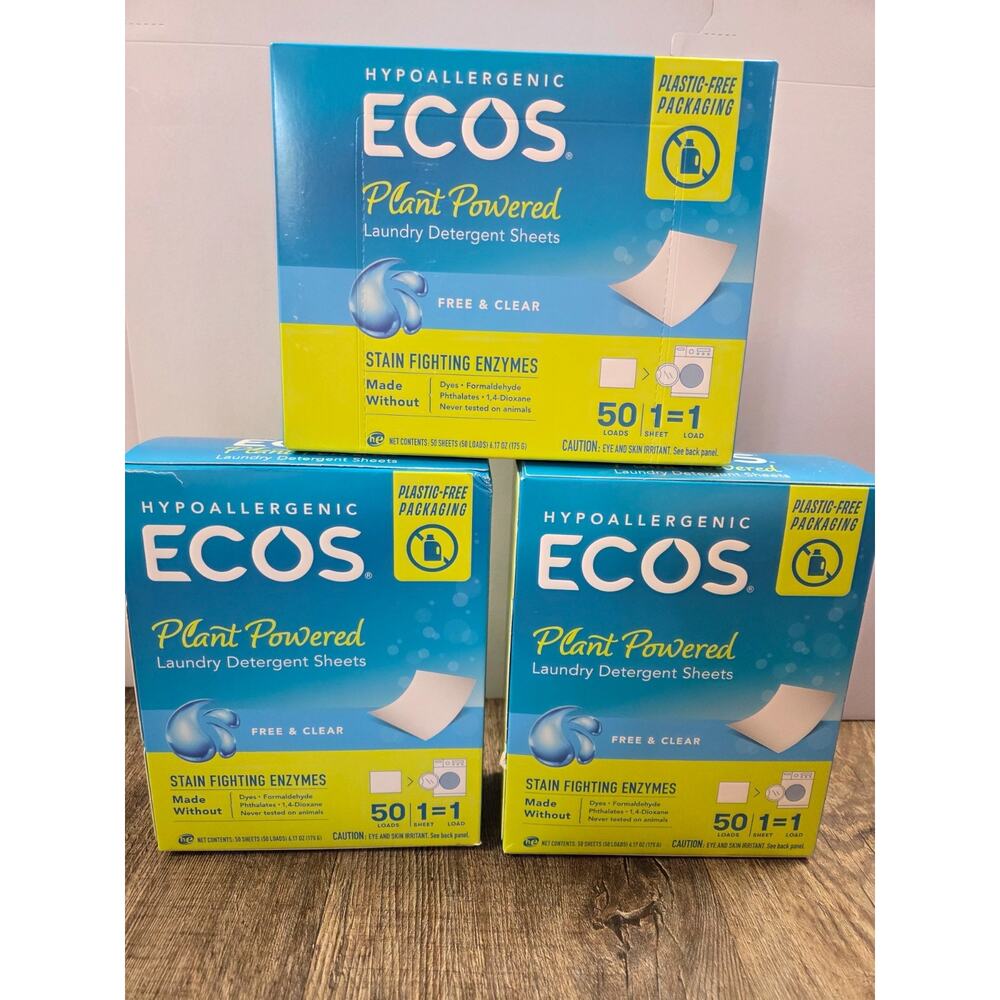 ECOS Laundry Detergent Sheets Free + Clear loads Hypoallergenic 50 Sheets x3 NEW